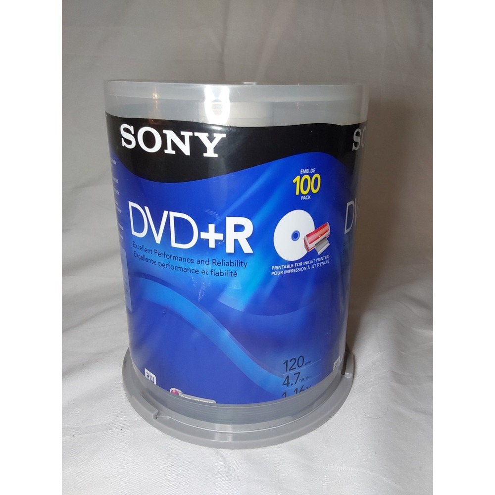 NEW Sony DVD+R 4.7GB 120min 1-16X Recordable Blank Printable 100 Discs Pack